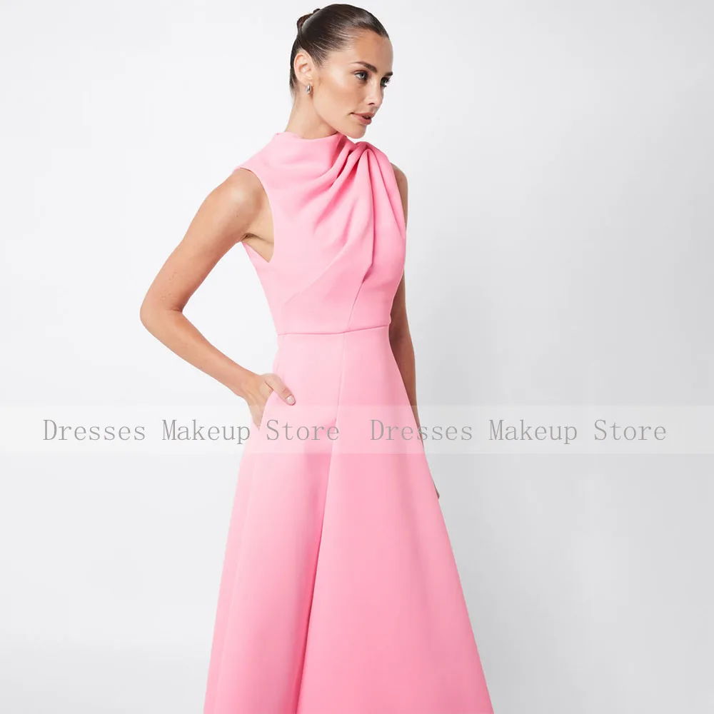 Pale Pink Formal Evening Dresses Midi A Line Tea Length Simple Evening Gowns with Pockets Sleeveless Wedding Party Dress 2024