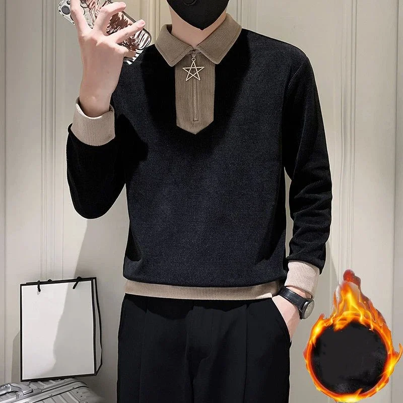 

Autumn Winter New Trendy High End Sense Long Sleeve Fleece Lined Thickened Sweatshirt Men Ruffian Handsome Casual Versatile Top