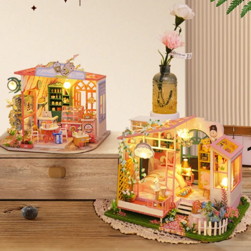 جديد لتقوم بها بنفسك منزل مصغر خشبي بيت الدمية الصغيرة ثلاثية الأبعاد لغز التجمع بناء لعبة مجسمة المنزل مع أضواء LED دمية هدية عيد ميلاد #2