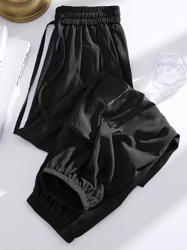 ผ้าไหมน้ําแข็งผู้หญิงฤดูร้อนบางเอวสูงบาง Harun Casual ผูกกางเกง