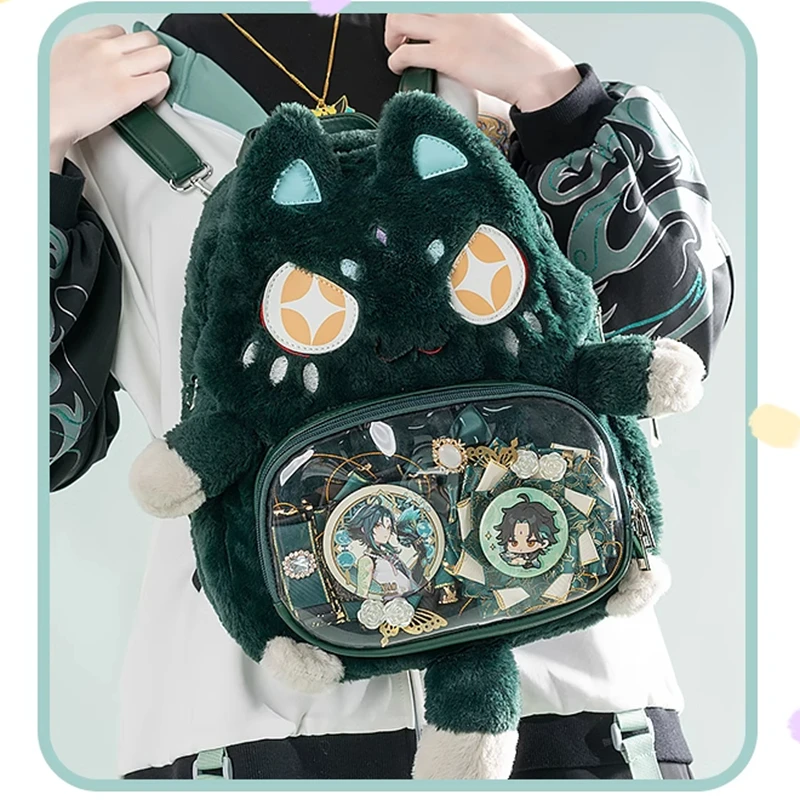 

Anime Game Genshin Impact Cosplay Xiao Cartoon Cat Plush Backpack Cute Shoulder Bag Student School Bag Handbag Carnival Kid Gift