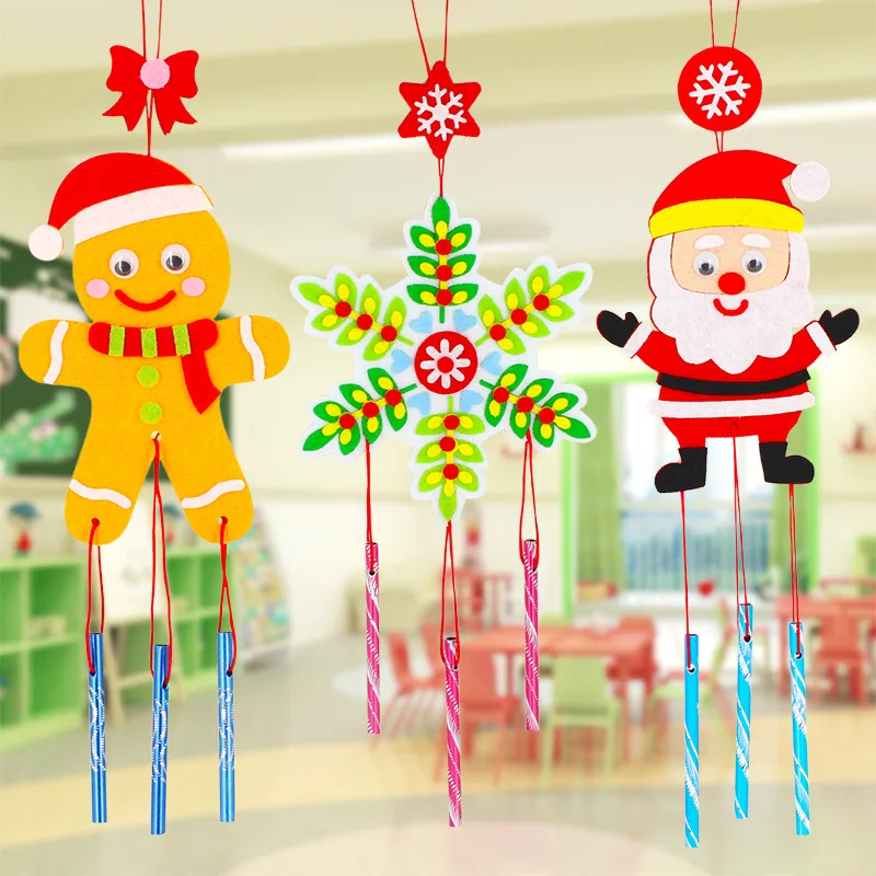 

6Pcs/set Children DIY Christmas Wind Chimes Kindergarten Handmade Craft Toy Kits Windbell Arts Cartoon Hangings Stickers Decor