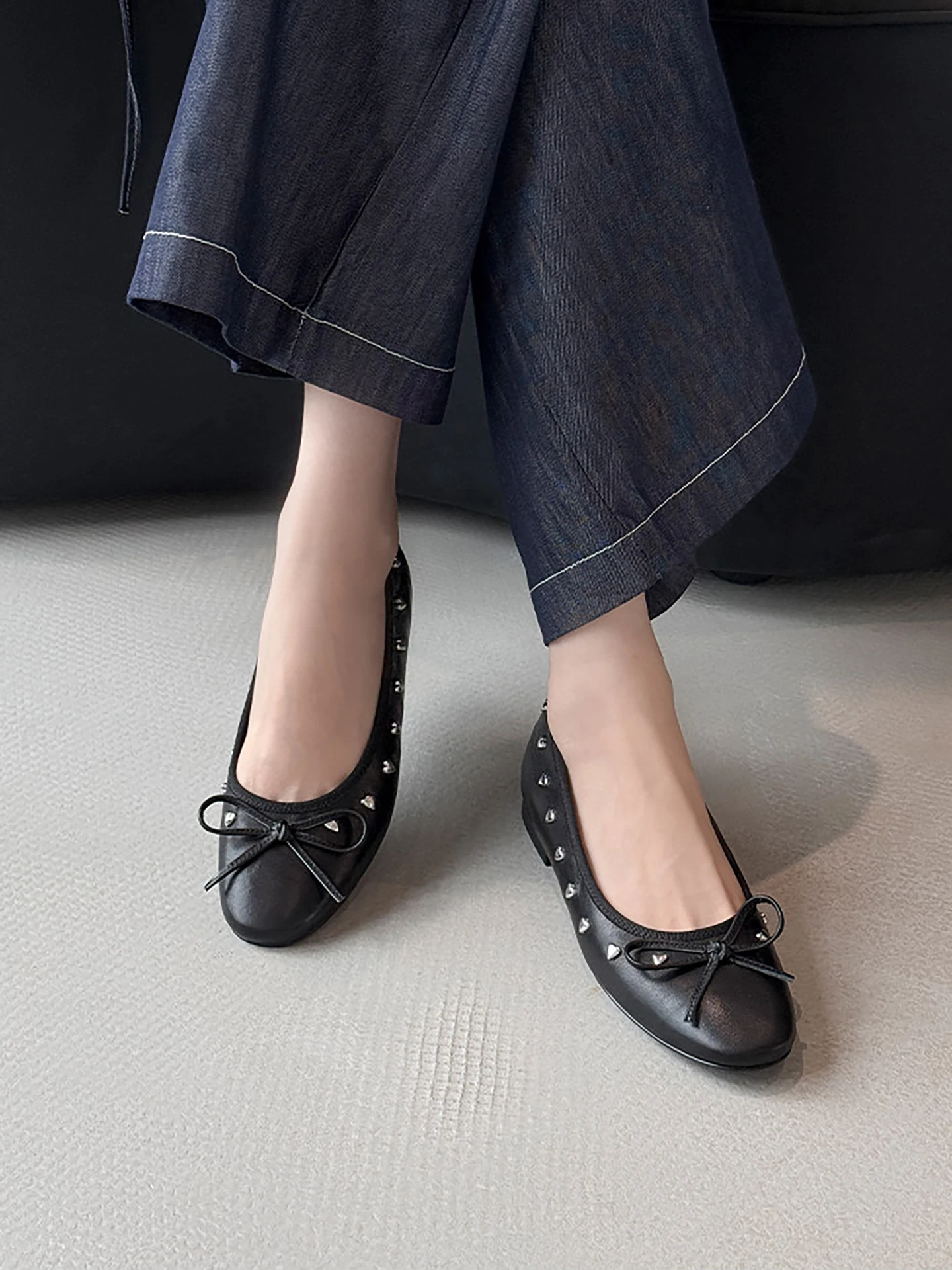 versatile-casual-retro-knot-ballet-flats-women's-spring-autumn-new-one-step-rivet-flat-mouth-single-shoes