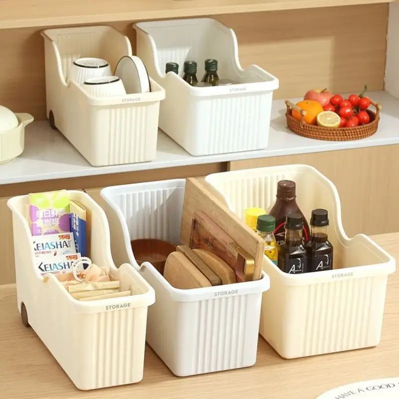 ~Plastic Kitchen Storage Bin With Wheels Open Top Cabinet Organizer For Dishes Bottles