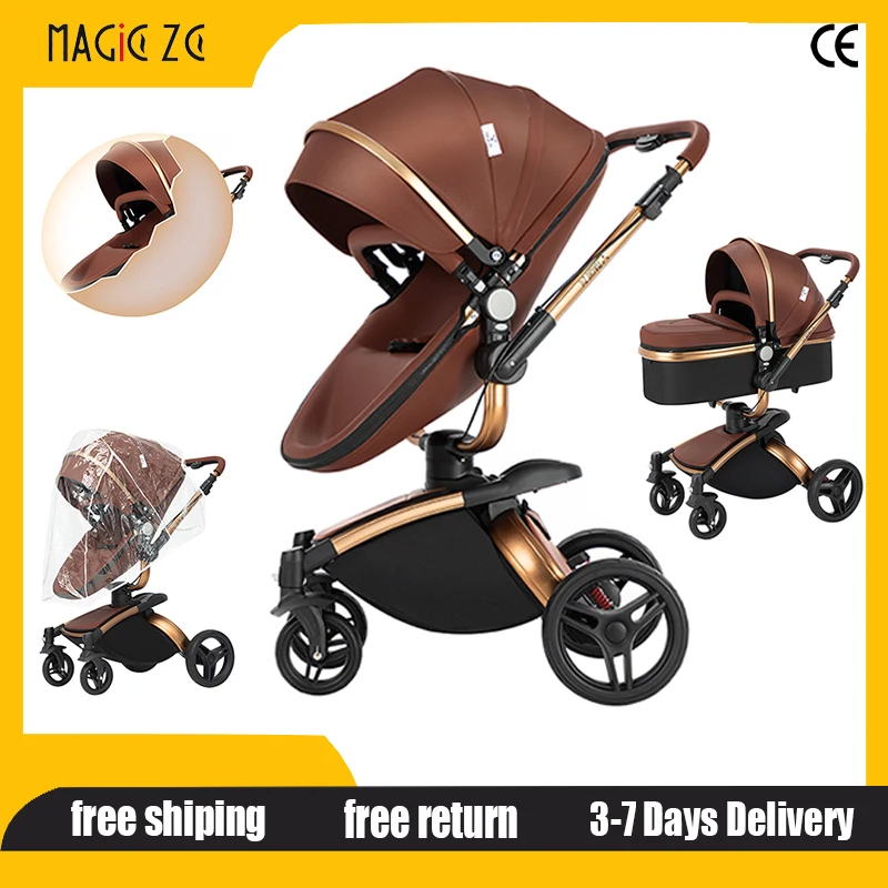 

Multifunctional Stroller High Landscape 2-in-1 PU leather Fold Easy Clean Travel System without Car Seat Carriage Newborns Pram