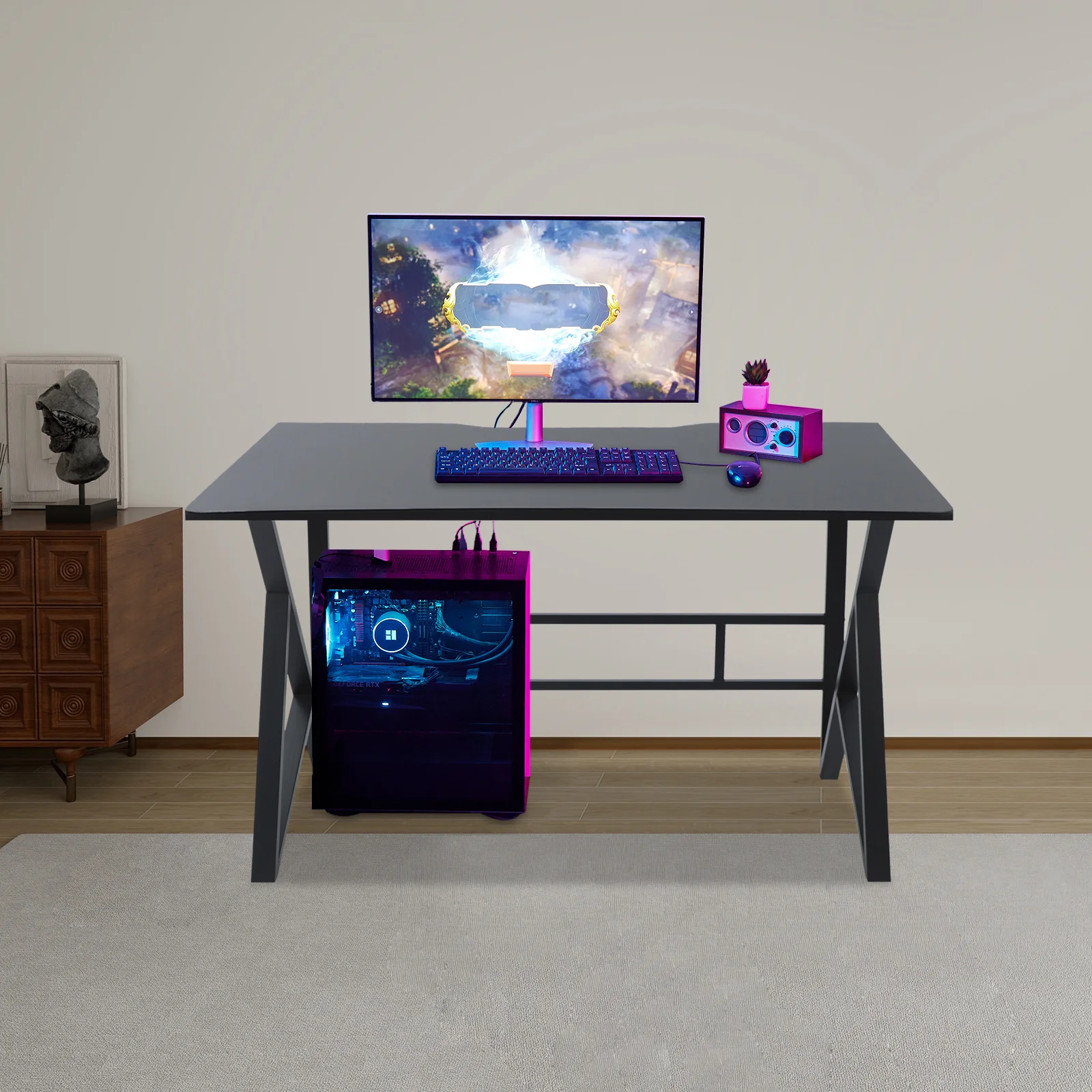 47 Inch Computer Desk, Dark Grey Home Office Gaming Desk, Sturdy Study Table, Ergonomic Writing Workstation for Home Office