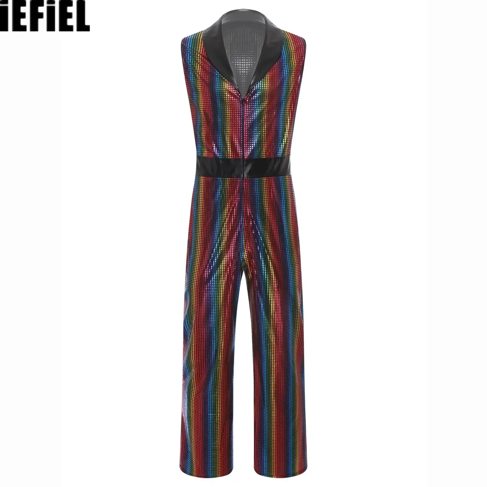 

Mens Retro 1920s Disco Jumpsuit Lapel V Neck Sleeveless Wide Leg Bodysuit Metallic Shiny Plaid Romper for Club Stage Rave Party