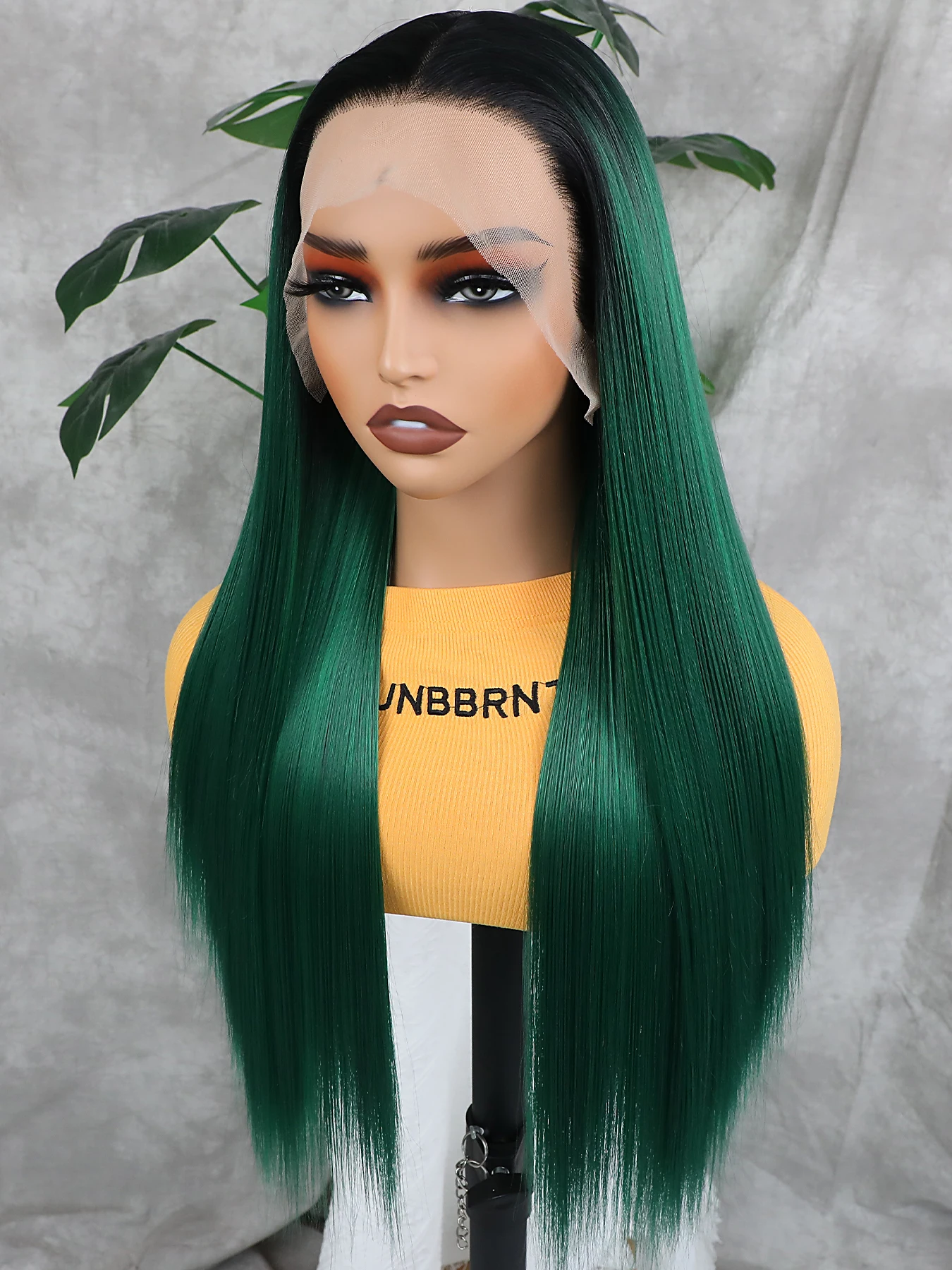 13 * 3 Dark Green Ombre Synthetic Lace Front Wigs Free Part Green and Black Pre Plucked Natural Hairline