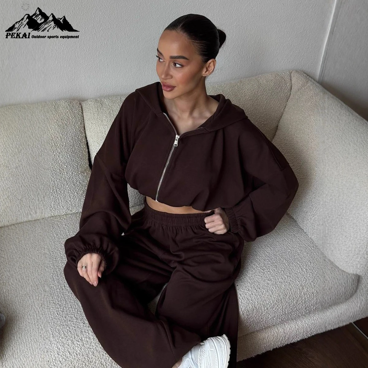 

Hoodie Short Sleeve Autumn New Zipper Hoodie Leg Wrapping Pants Set for Women