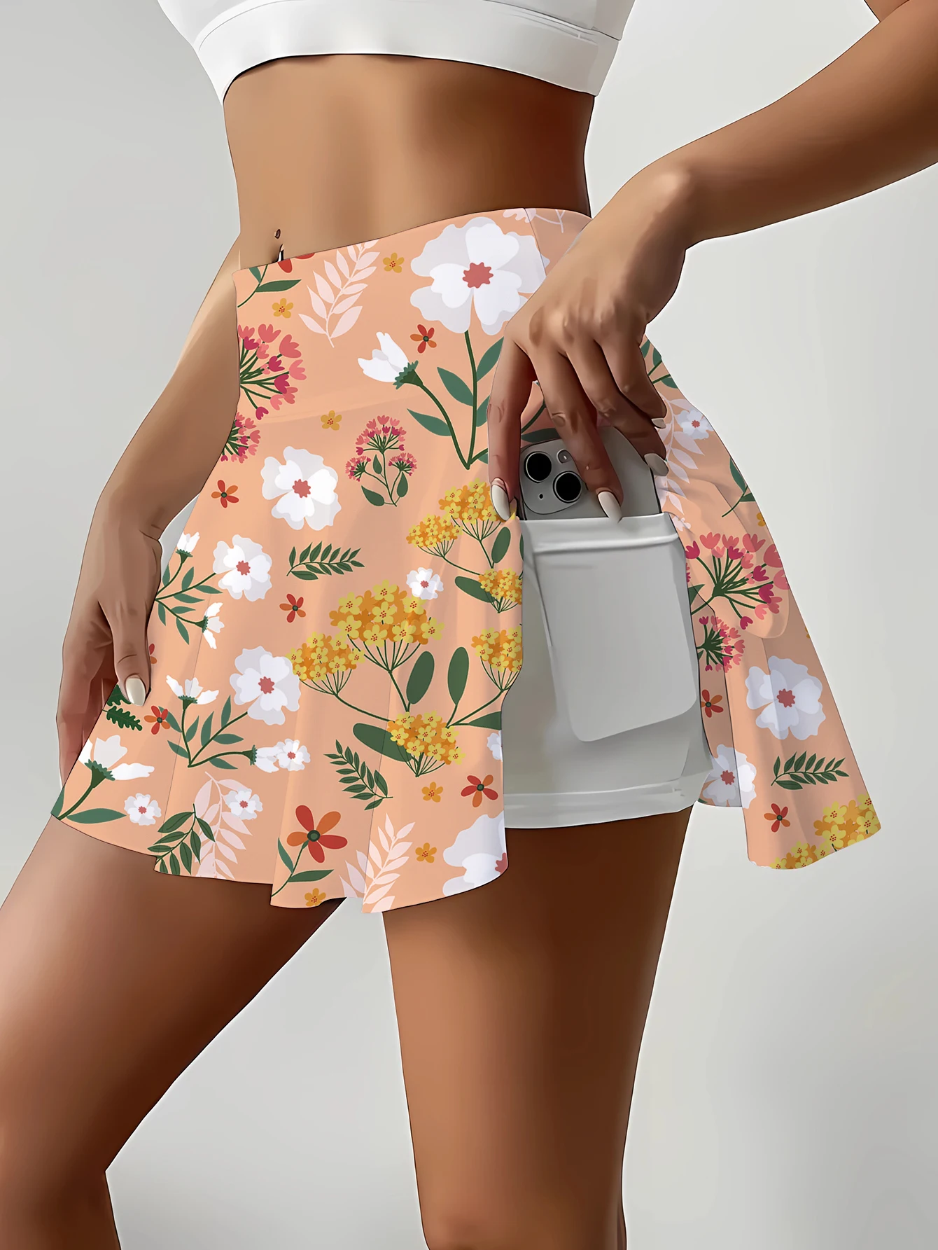 

Розовая мини-юбка с высокой талией и принтом для девочек со встроенными шортами, повседневная эластичная юбка с карманами в богемном стиле