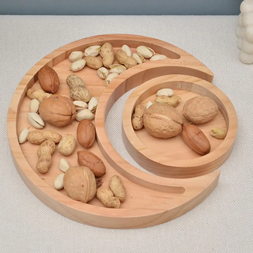 

Crescent Shaped Ramadan Snack Tray with Round Dish Durable Eid Serving Tray Wooden Moon Candy Plate Hotel
