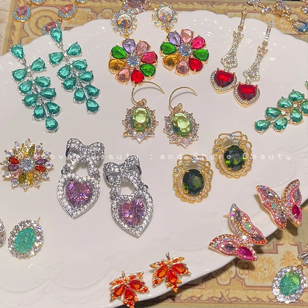 DIY accessories Light luxury heavy industry colored treasure zircon stud earrings women's niche design long fringed earrings hig