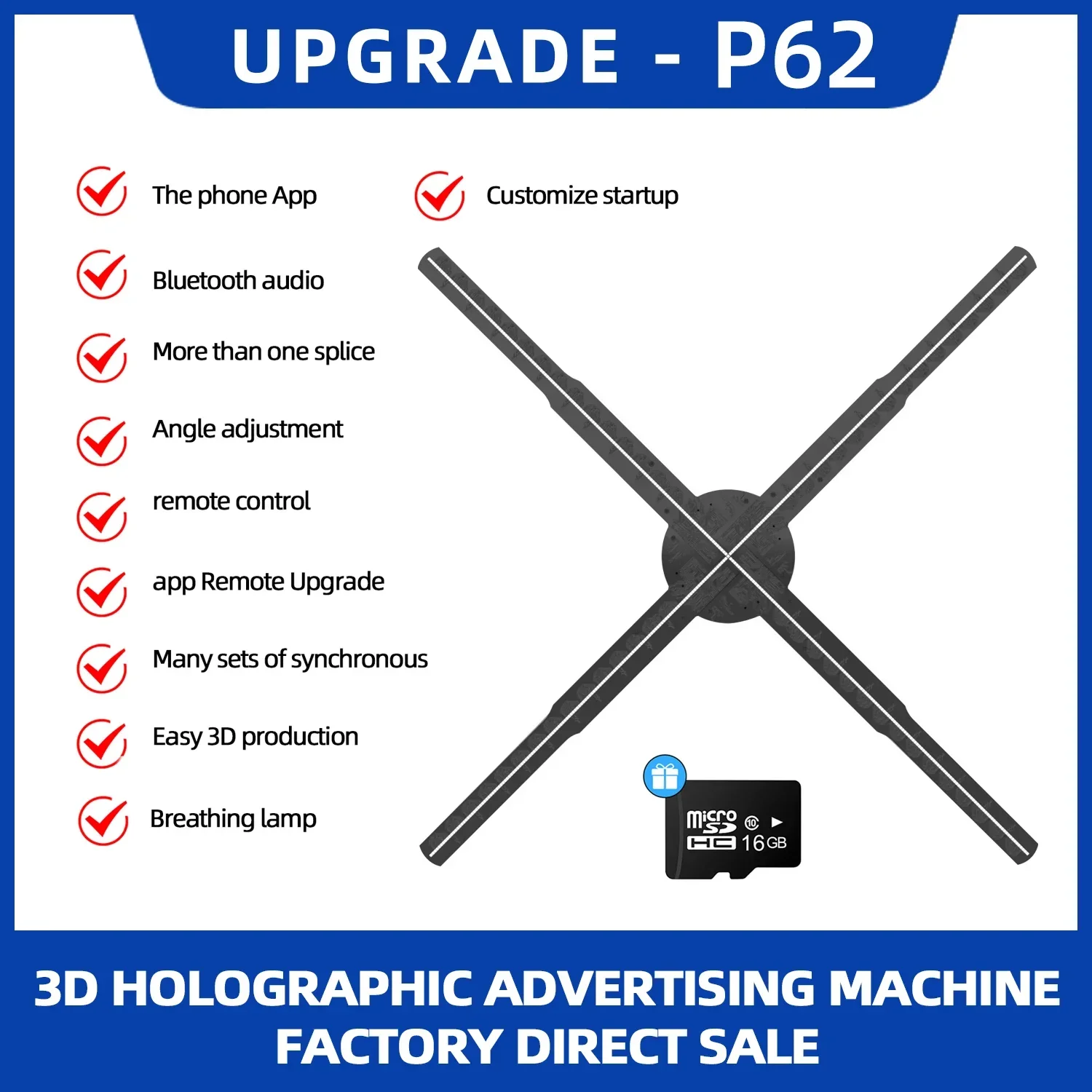 62cm Holographic Fan 722LED Sign Neon Beads 16G Memory Manual DIY Image Text LOGO Advertising Machine Holographic 3D Projector