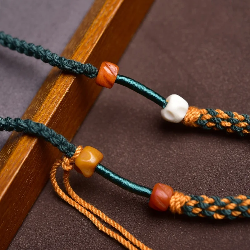 Tibetan Hand Rub Cotton String Necklace Sweater Chain Thangka Amulet Beeswax Jade Pendant Pendant Rope Handmade Braided Rope Hig