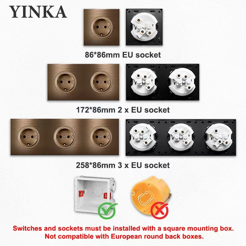 YINKA Coffee Brown Brushed Aluminum Wall Socket EU Schuko 16A EU/FR Standard 1-5 Gang Power Outlet Wall Mounted Durable