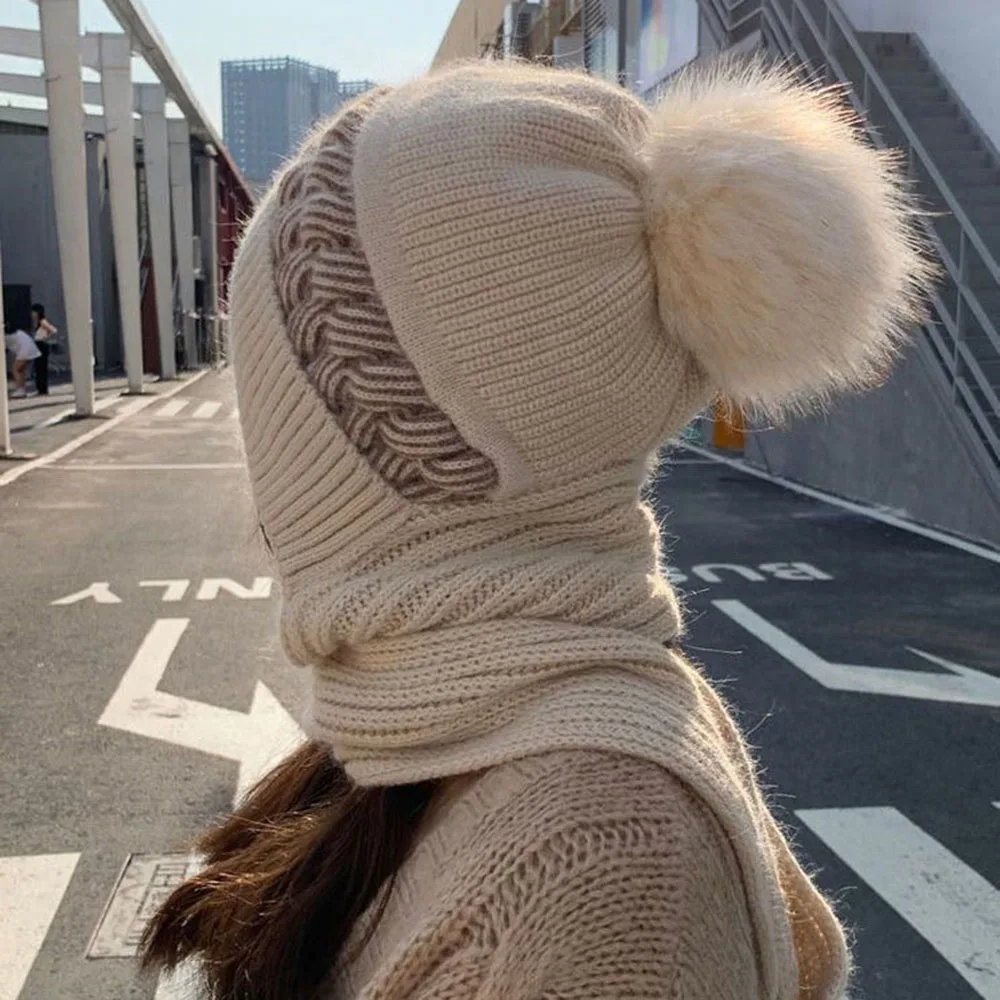 

Winter Padded Cute Cold-proof Neck Hats Warm Faux Rabbit Hair Knitted Cap Hat Scarf All-in-one Female Cycling Ear Protection