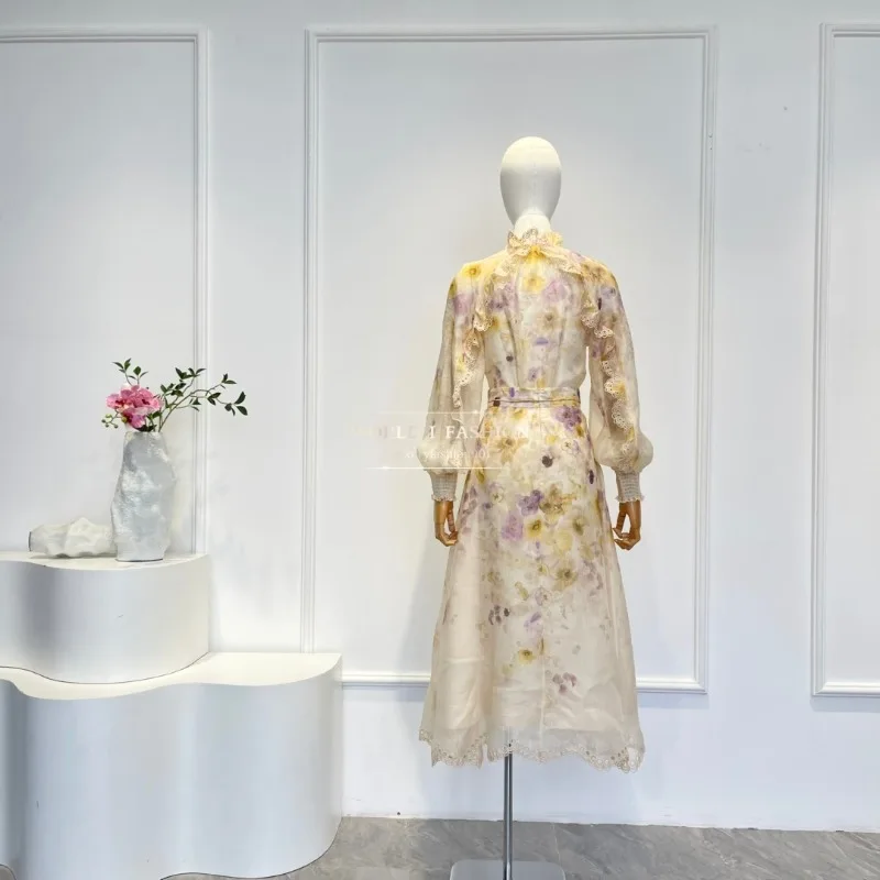 

Beige Violet Floral Print Embroidery Ruffles Edge Long Sleeve Blouse Tops and Midi Skirt Set High Quality 2025