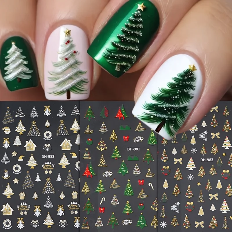 3pcsChristmas Nail Art Stickers - With green trees、Red Bow、Golden decoration - Glossy surface，Suitable for holiday nail grooming