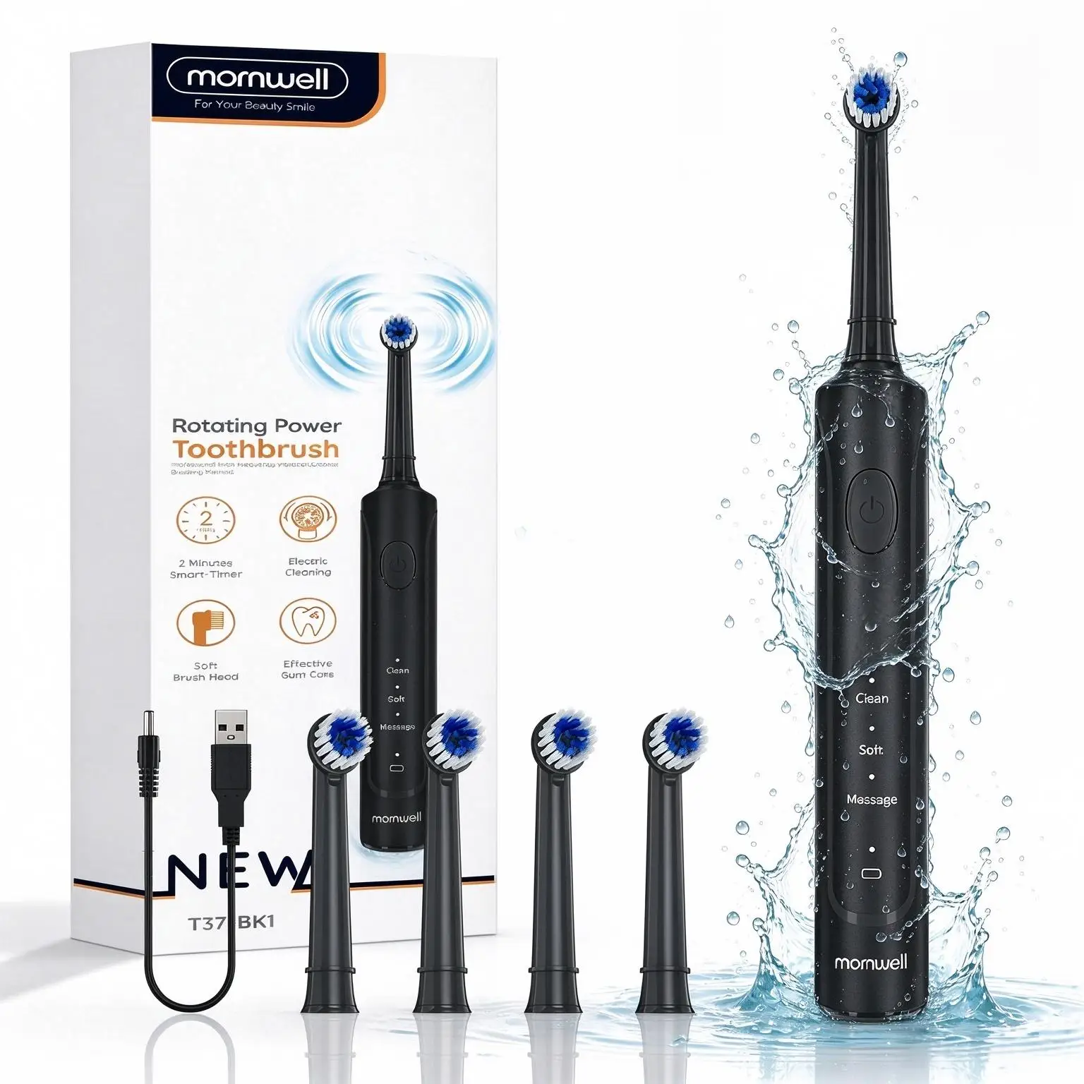 Mornwell Rotating Electric Toothbrush for Adults, Rechargeable Power Toothbrush with 8 Replacement Brush Heads, 3 Cleaning Modes, Built-in 2 Min Smart Timer, T37(T2233) Waterproof Oral Care Toothbrush for Deep Teeth Cleaning