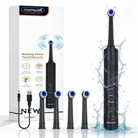 Mornwell Rotating Electric Toothbrush for Adults, Rechargeable Power Toothbrush with 8 Replacement Brush Heads, 3 Cleaning Modes, Built-in 2 Min Smart Timer, T37(T2233) Waterproof Oral Care Toothbrush for Deep Teeth Cleaning