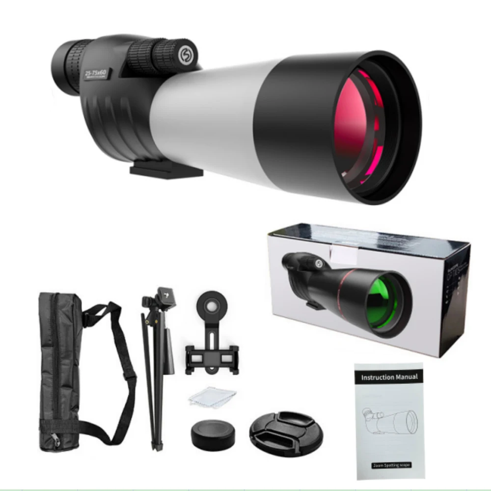 Telescopio Terrestre SUNCORE 25-75X60 con Trípode, Bolsa de Transporte, Soporte Rápido para Teléfono, BAK4 HD de Alta Definición