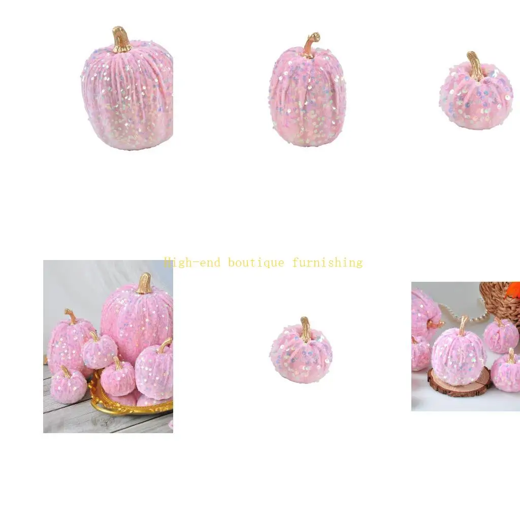 L9NB Pink Sequins Pumpkins Ornament with Gold Stem, Fabric-Look Finish and Reflective Trim for Fall Shelf Desk Display