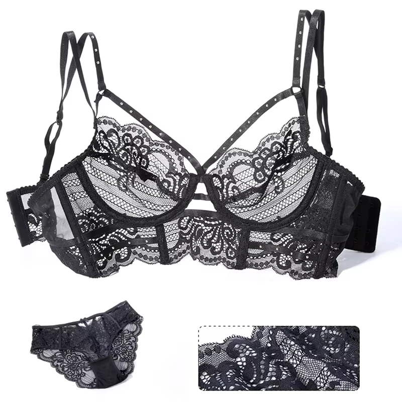 TERMEZY French Embroidery Lingerie Set Sexy Women Solid Color Hollow Out Underwear Set Push Up Lace Panty Set Bandage Bra Set