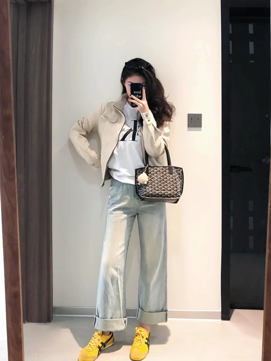 Giacca da Motociclista Mijia in Pelle PU Beige per Donna, Primavera Autunno, Casual da Lavoro, Collo Alto, Stile Scamosciato, Alla Moda ed Elegante