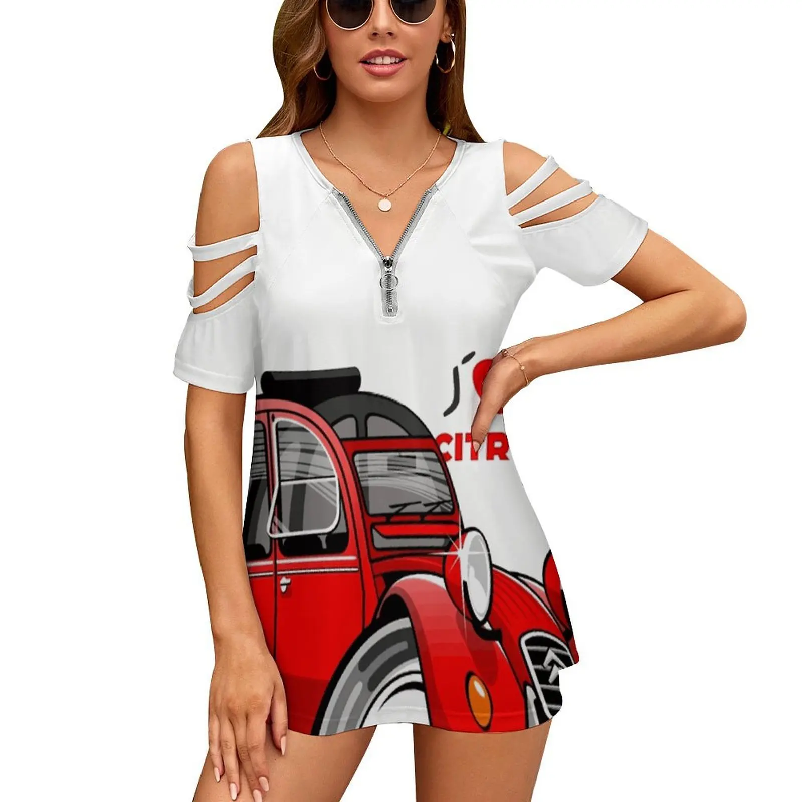 Citroën 2Cv Caricature Red New Fashion Zip Off Shoulder Top Short-Sleeve Women Shirt 2Cv 2 Cv Deux Chevaux Deuxchevaux Type Az