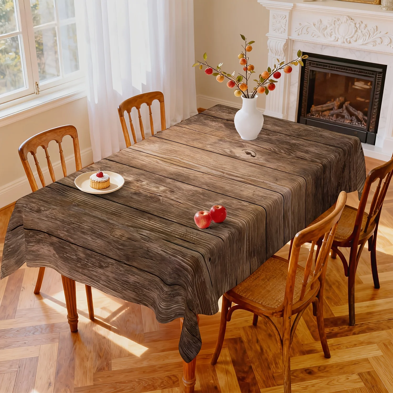 One piece, brown wood-grain tablecloth, country wood-grain tablecloth, vintage-style kitchen tablecloth.