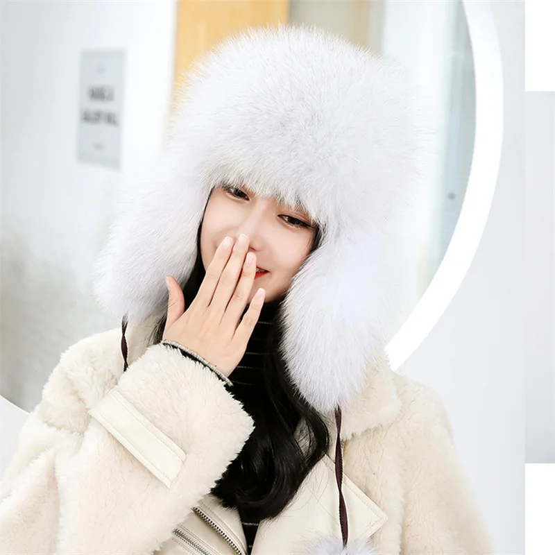 2022 100% Real Fox Fur Hats Women's Russian Ushanka Aviator Trapper Snow Skiing Hat Caps Earflap Winter Raccoon Fur Bomber Hat