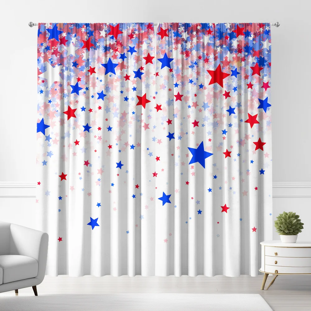 Red Blue White Star Confetti Curtains Set of 2 Rod Pocket Semi Sheer for Living Room Bedroom Decor