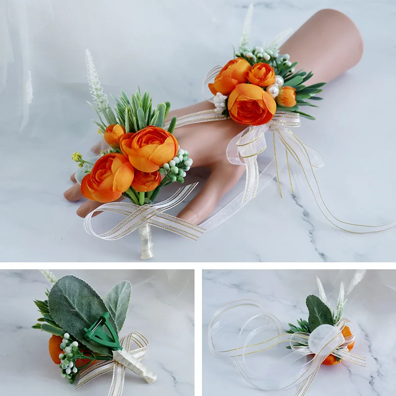 Oranje Kunstmatige Rose Bloemen Boutonniere Pols Corsage Bruidsmeisje Bruidegom Bruiloft Accessoires Novio Bruidsjonkers