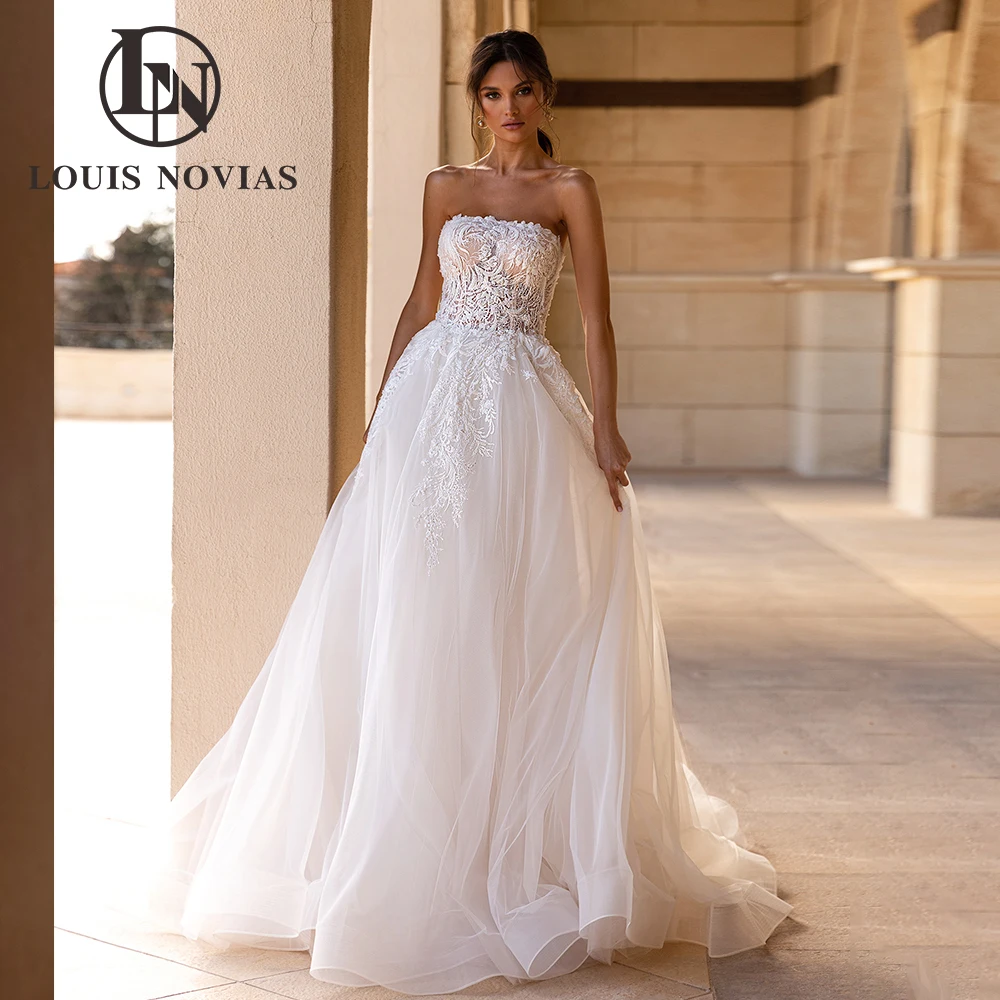 LOUIS NOVIAS Ren Chữ A Áo Cưới 2022 Dây Thêu Chiếu Trúc Hạt Không Tay Cô Dâu Hở Lưng Áo Dài Cô Dâu Vestidos De Novia