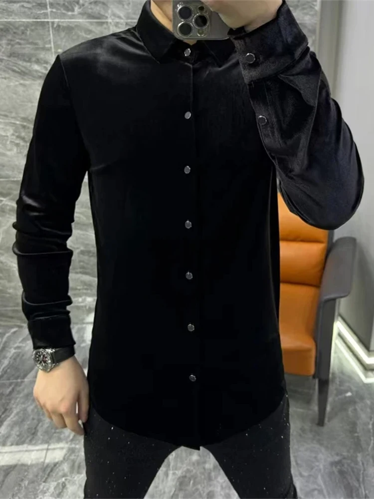Fashionable Luxury Gold Velvet Shirt Men's Autumn Winter Trendy Black Long Sleeve Simple European Style Casual Shirt