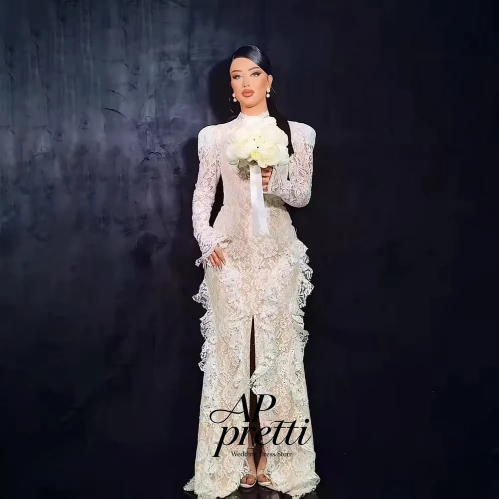 AP Pretti Fantasy Lace Wedding Dress Customized Side High Slit A-line Bridal Gowns Floor-Length Vestidos Novias Boda Full Sleeve