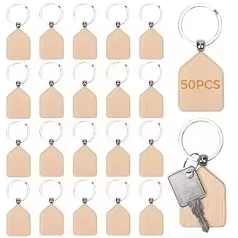 50Pcs Unfinished Beech Wood House Key Tags Blank Keychains for DIY Gift Making