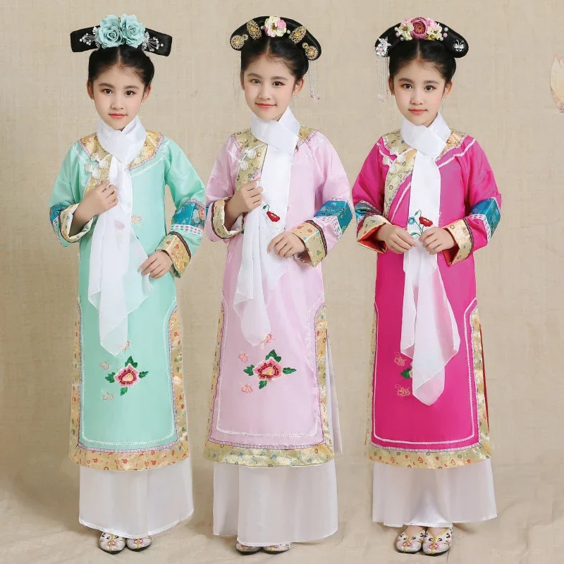 

Children Ancient Costume Girl Qing Dynasty Traditional Princess Costume Embroidery Hanfu Ancient Court Dress for Cosplay Stage