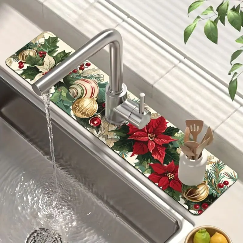 VIKAMA Christmas Faucet Mat Cream Poinsettia Holly Berry Gold Bauble Sink Splash Pad Kitchen Mat Holiday Christmas Holiday Decor
