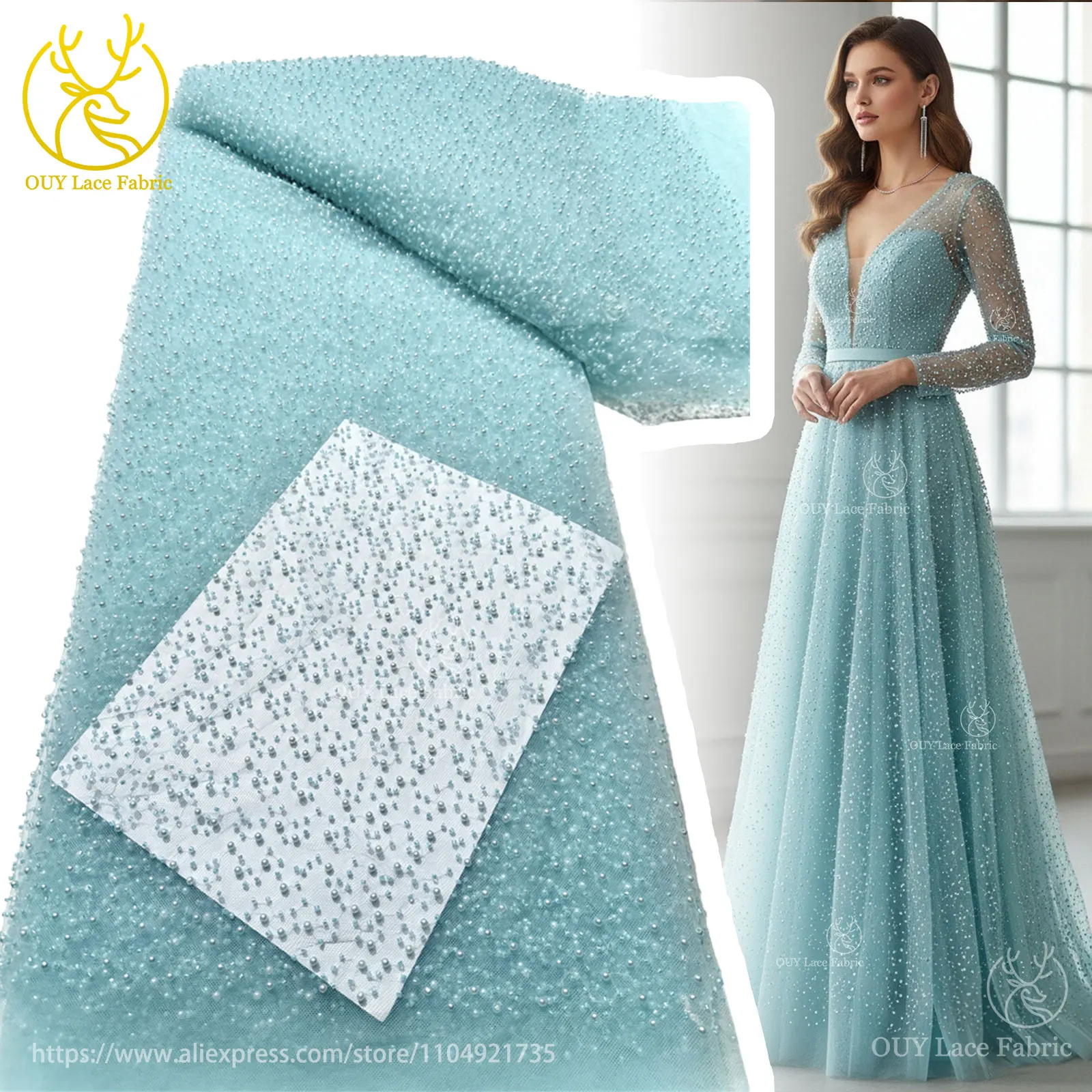 Großhandel Heißer Verkauf Eis Blau Afrikanischen Nigerian Perlen Spitze Stoff für Nähen Damen Party Hochzeit Hochzeit Kleid Material – Detail 2