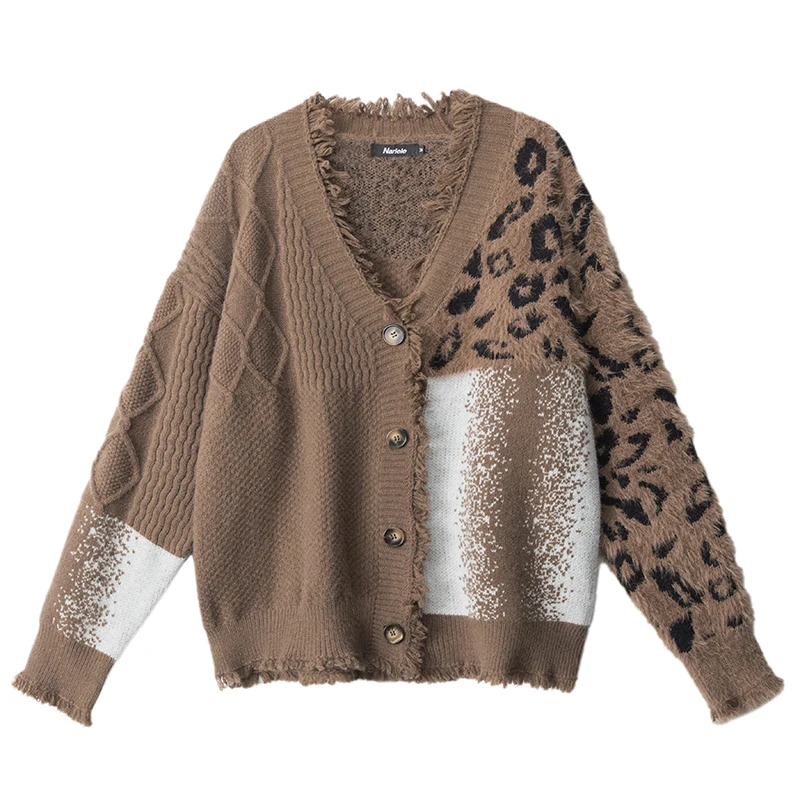 

Autumn Men Zip Up Knitted Cardigans Hip Hop Leopard Patchwork Sweaters 2025 Streetwear Harajuku Casual Fashion Jackets Outerwear