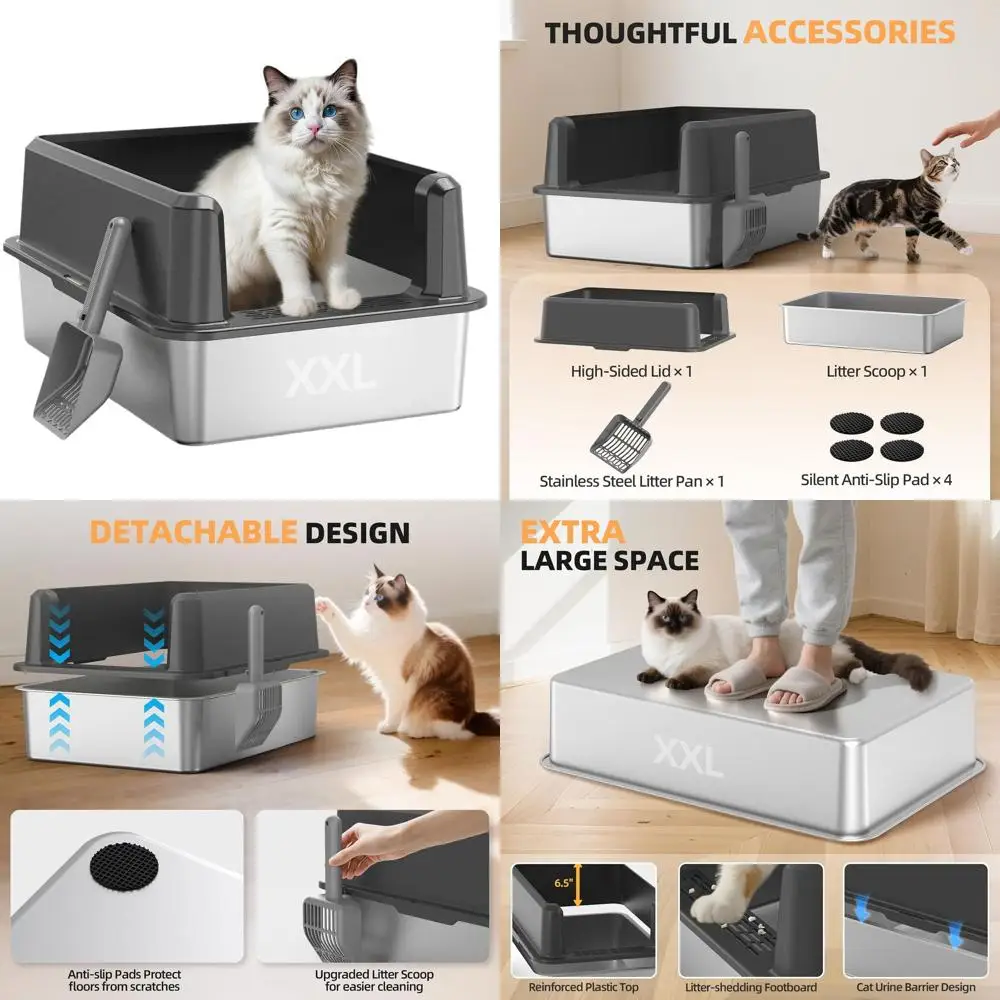 

Очень большой лоток для кошек из нержавеющей стали с крышкой, высококачественный металлический поддон для крупных кошек, устойчивый к запахам, герметичный, в комплекте с лопаткой.