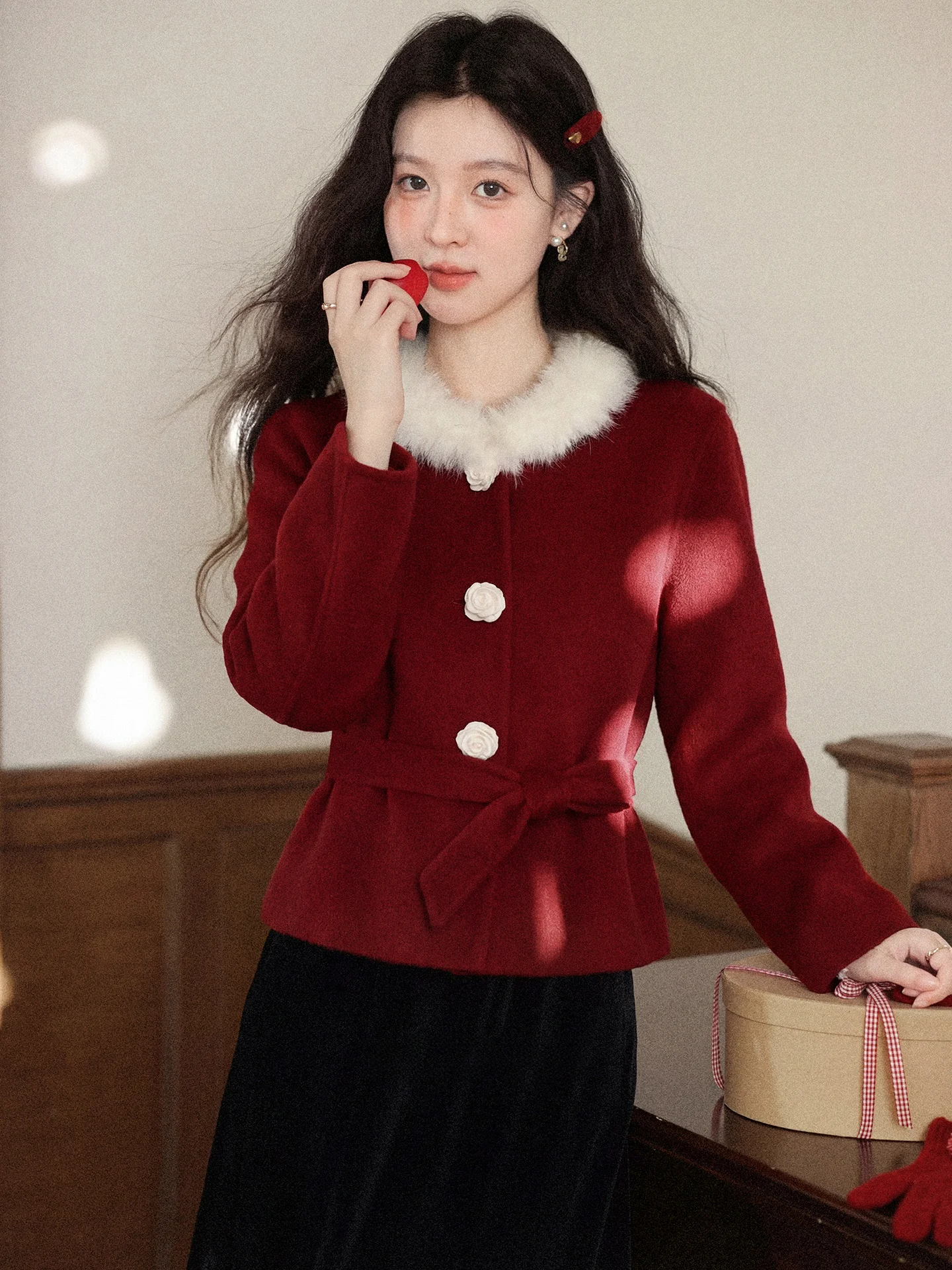 Rose Red Cotton Jacket Short Style Women's Spring New Small Audience Design Sense French Style Coat with Fur Collar