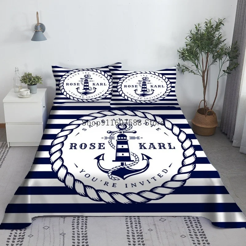 Boat Anchor Blue And White Stripes Bed Sheet Set 3D Printed Navy Bed Flat Sheet With Pillowcase Bed Linen King Queen Size