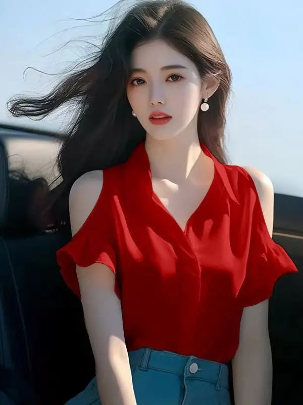 Elegant Short Sleeve Shoulder Bared Shirt for Women Beautiful Unique Korean Style Casual Summer Top by Yamanduo