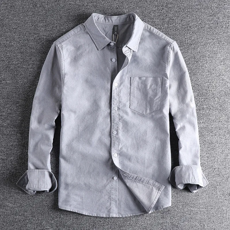 

Men Pocket Washed Oxford Spin Long Sleeve Shirt Fashion Sold Color Single Breasted Slim Fit Versatile Shirt Man Vintage Clothes