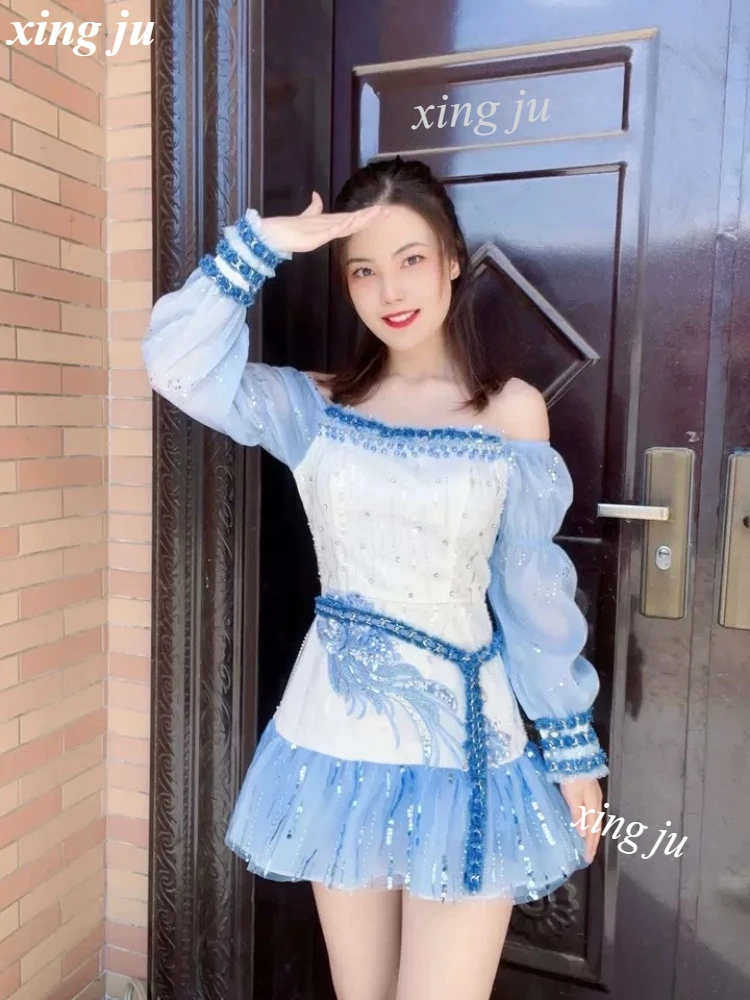 Cantor coreano sexy rendas retalhos sem alças vestido curto feminino grupo jazz dança traje kpop boate dj palco desempenho wear