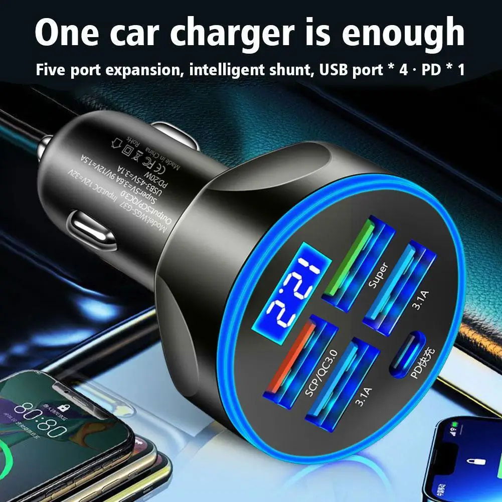 250W 4 Ports USB Car Charger Digital Display One For Four With Voltage Detection Fast Charging For Mobile Phone Black Unive I2I4