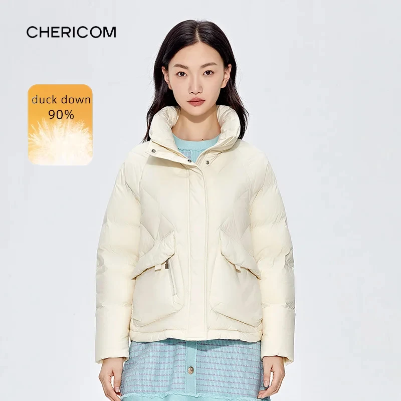 

Chericom Short-length Down Jacket Stand Collar Stylish Flap Pockets Thick Windproof Women's Winter Warm Puffer Coats Y289165Y