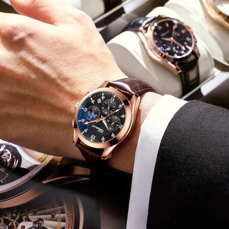 CHENXI 903 Relógio de quartzo masculino elegante cronógrafo fase da lua calendário luminoso pulseira de couro à prova d'água relógios de moda para homens